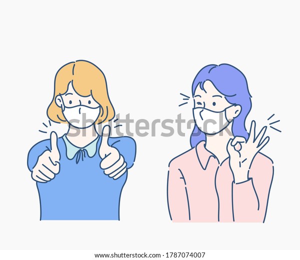 Young woman are wearing face mask\
and raising both thumbs up, smiling and confident. Hand drawn in\
thin line style, vector illustration. (A Mask can be\
removable)