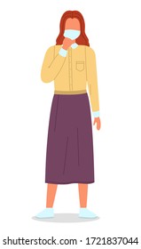 Young woman wearing face medical mask standing at white background. Viral pandemic. Coronavirus 2019-ncov flu. Respiratory protection from virus pandemia. Quarantine and self-isolation in city