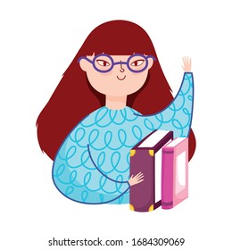 young woman wearing glasses and books literature vector illustration, book day