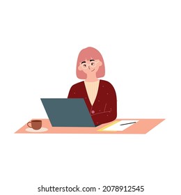 Young woman wearing glasses and sweater works on a laptop. Home Office. Work at home. The concept of working happily and freely. Flat vector illustration