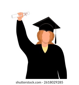 A young woman wearing a graduation cap and gown, proudly holding and showing off her diploma after completing college. Vector illustration Not AI generated