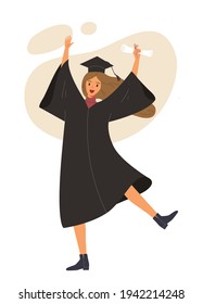 Young woman wearing graduation gown, holding graduated certification with happy gesture. Concept of graduation, congratulations, student, studying, university, academy, high school. Flat vector 