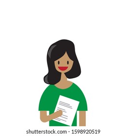 A young woman wearing a green shirt, holding a job application with a smiling face, looking for a job.vector cartoon flat.