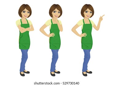young woman wearing green upron standing in different poses