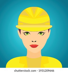 Young woman wearing a hard hat and used in construction industry