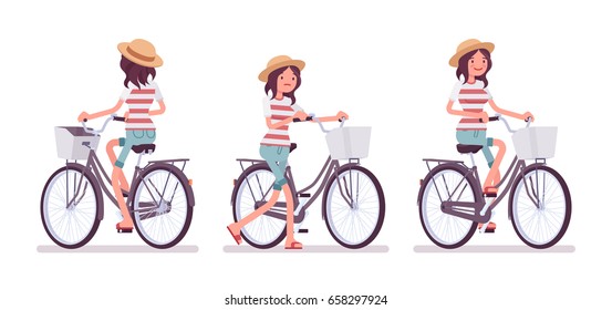 Young woman wearing hat, leisure summer fit, trendy stripe print, beach shoes, cycling a city bike, bad rider. Front and rear view. Vector flat style cartoon illustration, isolated, white background