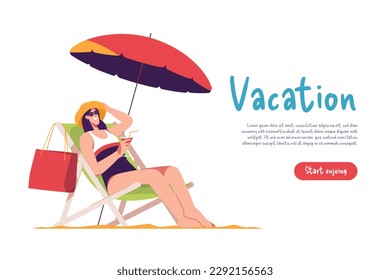 Young woman wearing hat and sunglasses sitting in lounge deck chair at the beach and drinking cocktail. Vector illustration.