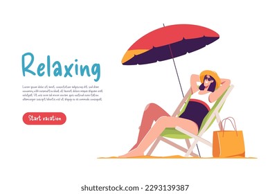 Young woman wearing hat and sunglasses sitting in lounge deck chair and relaxing Vector illustration.