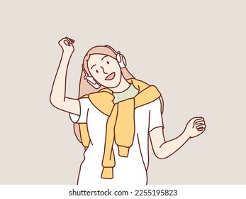young woman wearing headphones listening to music and dancing simple korean style illustration