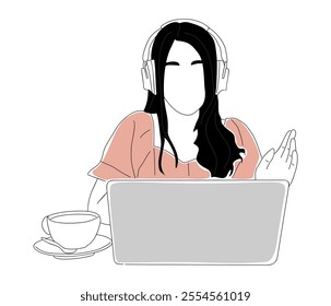 Young woman wearing headphones is sitting at the desk with laptop and cup of coffee. She is working, studying remote, listening music, watching video, chatting. Vector outline colored illustration