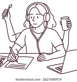 Young woman wearing headphones writing at desk while holding coffee cup symbolizing multitasking between studying, working, learning, staying focused, managing time and boosting energy in minimalist 