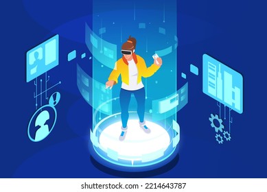 Young woman wearing headset goggles and touching vr 360 interface network. Man education into virtual reality database holograms. Future technology entertainment metaverse concept. Vector illustration