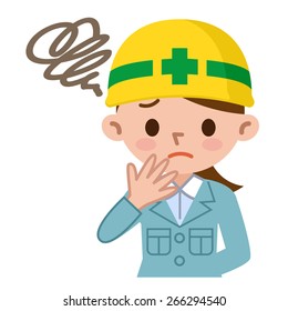 Young woman wearing a helmet is puzzled