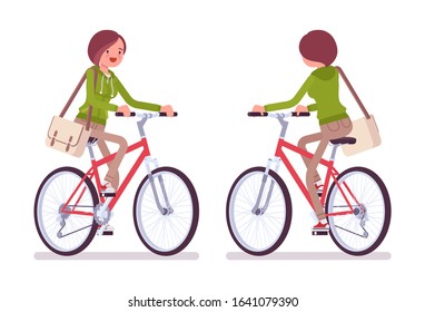 Young woman wearing a hoodie riding a bike. Cute lady in a casual hoody cycling, traveling by bicycle, youth city fashion hooded sweatshirt. Vector flat style cartoon illustration, front and rear view