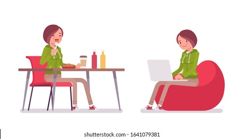 Young woman wearing a hoodie sitting and working. Cute lady in a casual hoody having lunch, resting in a beanbag, youth city fashion hooded sweatshirt. Vector flat style cartoon illustration