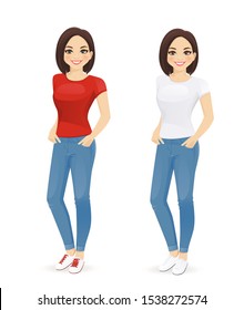 Young woman wearing jeans with hands in her pockets isolated vector illustration