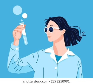 Young woman wearing lab coat and holding a test tube with blue liquid. Vector flat style cartoon illustration.