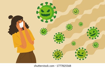 Young woman wearing mask and coronavirus wave. Concept of virus prevention, respiratory disease, second wave of COVID-19, awareness, beware of infection, virus pandemic. Flat vector illustration.