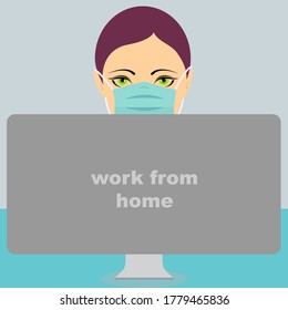Young woman wearing a mask in front of a computer with the text “work from home”