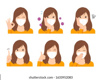 Young woman wearing a mask vector illustration (upper body) set