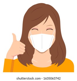 Young woman wearing a mask vector illustration (upper body) / thumb up with smiling 