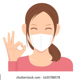 Young woman wearing a mask vector illustration (upper body) /  ok sign with smiling