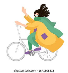 A young  woman wearing medical mask and riding a bicycle. Healthcare concept coronavirus protection vector illustration