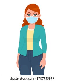 Young woman wearing medical mask. Trendy girl covering face protection from virus epidemic. Healthy and safety modern lifestyle. Female character cartoon illustration design in vector style.