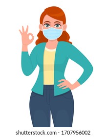 Young woman wearing medical mask and showing okay, OK sign. Trendy girl covering face protection from epidemic and gesturing with hand fingers. Female character cartoon illustration in vector design.
