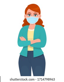 Young woman wearing medical mask and keeping arms crossed. Girl covering face protection from virus epidemic and standing with folded hands. Female character cartoon illustration in vector design.