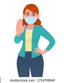 Young woman wearing medical mask and showing stop gesture sign. Girl covering face protection from virus epidemic and gesturing hand palm symbol. Female character cartoon design illustration in vector