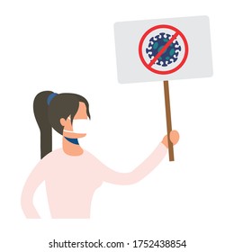 young woman wearing medical mask with protesting banner vector illustration design