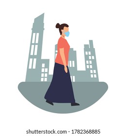 young woman wearing medical mask walking on the city vector illustration design