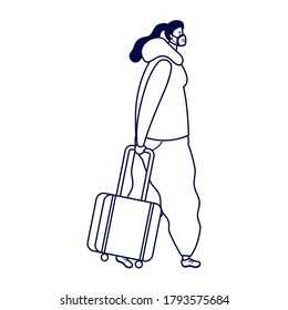 young woman wearing medical mask with suitcase character vector illustration design