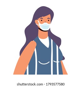 young woman wearing medical mask character vector illustration design