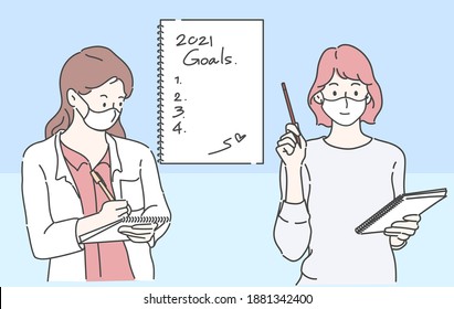 Young woman wearing a medical mask, she writing to do list of goals in diary. Businesswoman working on project strategy plan writing target tasks creative ideas. Hand drawn in thin line style, vector 