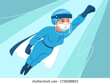 Mujer joven con traje médico de protección personal con escudo de cara, máscara, guantes volando en posición de superhéroe. Trabajadores esenciales de primera línea, personal médico que lucha contra la pandemia del coronavirus. Vector plano.