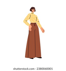 Young woman wearing modern apparel, turtleneck and wide trousers. Trendy girl standing, posing in fashion stylish apparel, casual clothes. Flat vector illustration isolated on white background