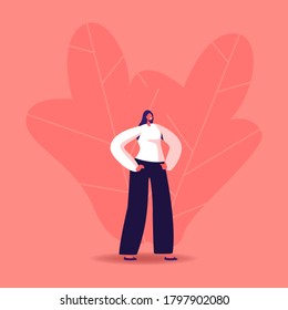 Young Woman Wearing Modern Formal Clothes Stand with Arms Akimbo on Waist. Youth Fashion, Urban Lifestyle Concept. Young Female Character Fashioned Pants, Shoes and Blouse. Cartoon Vector Illustration