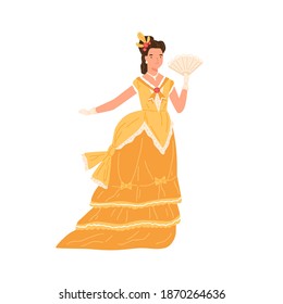 Young woman wearing old fashioned vintage dress and hairstyle in 1860s decade style. Female character in elegant retro garment holding fan. Flat vector cartoon illustration isolated on white
