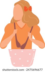 Mujer joven con vestido naranja sosteniendo Grande bolso de lunares rosa. Ilustración rubia mujer ondulada pelo adornado arco rojo. Shopper llevando elegante bolso de mano aislado fondo blanco