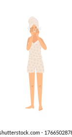 Young woman wearing pajama taking care of her skin. Cute girl washing her face and cleansing skin. Daily skincare routine. Start and end of day. Cartoon happy girl. Flat character on white background