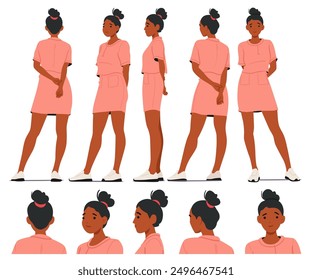 Young Woman Wearing Pink Dress And White Sneakers In Various Poses And Angles. Female Character Stands With Her Hands Clasped Behind Her Back, Facing Front, Back And Side Profiles. Vector Illustration