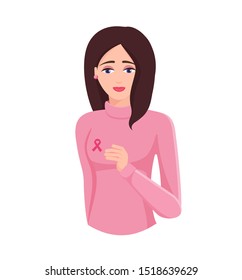Young woman wearing pink ribbon. Breast cancer awareness symbol. Women solidarity. Female cartoon character. Vector illustration 