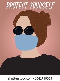 a young woman wearing protect mask and sunglasses. protect yourself slogan illustration.
