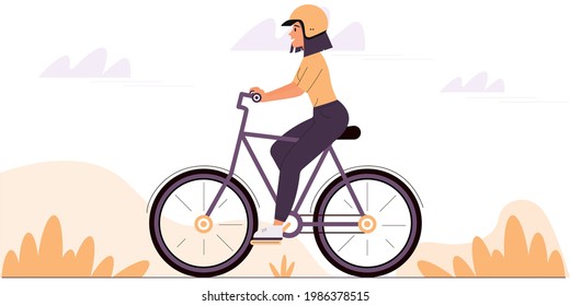 Young woman wearing a protective helmet rides a bicycle. The concept of a healthy lifestyle. Colorful vector illustration in flat style