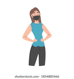 Young Woman Wearing Protective Mask, Protection from Virus Outbreak, Pandemic Prevention Concept Cartoon Style Vector Illustration