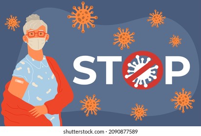 Young woman wearing protective mask showing her arm with bandage after receiving covid-19 vaccine. Concept of vaccination, health, spread of vaccine, healthcare, call of fight against coronavirus