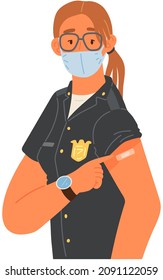 Young woman wearing protective mask showing her arm with bandage after receiving covid-19 vaccine. Concept of vaccination, health, spread of vaccine, healthcare, call of fight against coronavirus