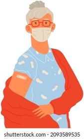 Young woman wearing protective mask showing her arm with bandage after receiving covid-19 vaccine. Concept of vaccination, health, spread of vaccine, healthcare, call of fight against coronavirus